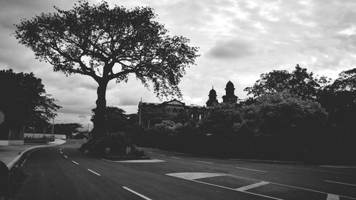 Trees by road against sky
