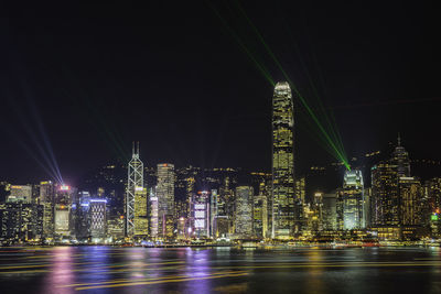 Illuminated city buildings at night