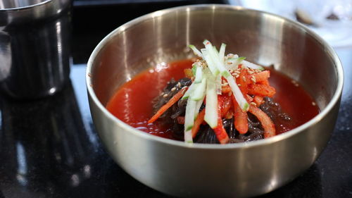 High angle view of vegetables in bowl on table