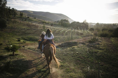 Rear view of friends horseback riding on field