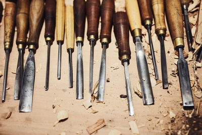 High angle view of work tools on table