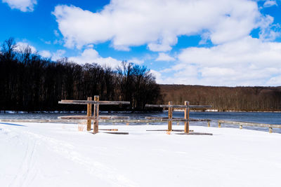 Scenic view of snow covered landscape against sky