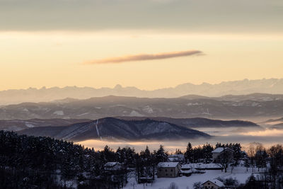Scenic view of snowcapped mountains against sky during sunset