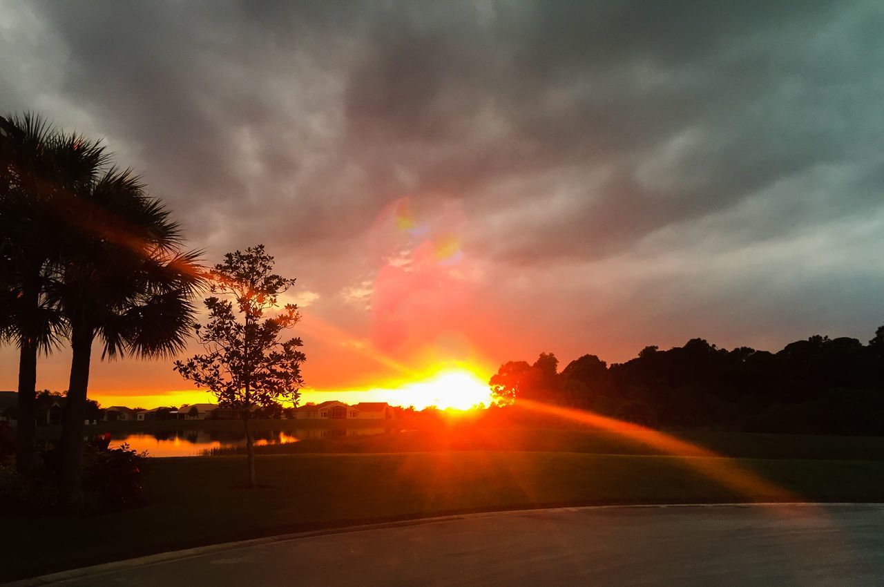 sunset, sun, sky, silhouette, tree, cloud - sky, tranquil scene, scenics, tranquility, beauty in nature, sunbeam, sunlight, nature, orange color, cloudy, road, cloud, landscape, idyllic, dramatic sky