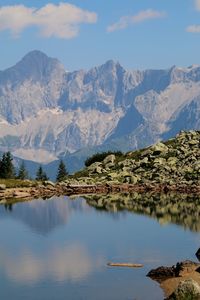 Scenic view of lake and mountains against sky