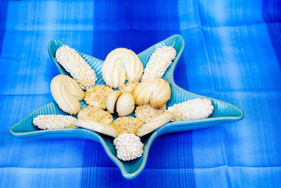 High angle view of food against blue background