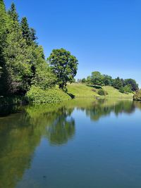 Scenic view of lake against clear blue sky