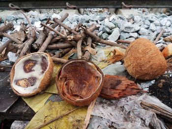 High angle view of bread on wood