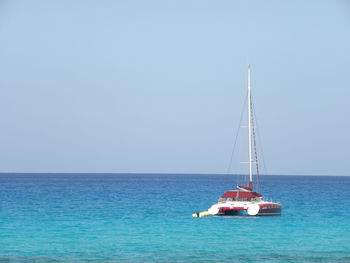 Sailboat sailing in sea against clear sky
