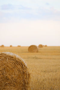 Hay bales on field against sky