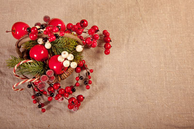 High angle view of christmas decoration on table