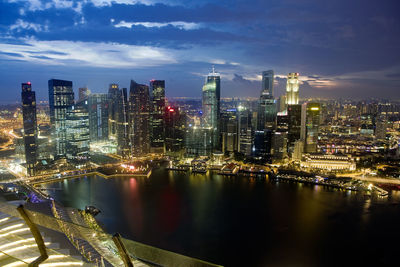 Illuminated modern buildings by river against sky