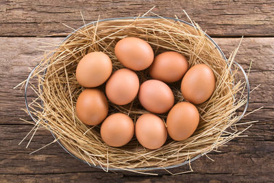 High angle view of eggs in container on table