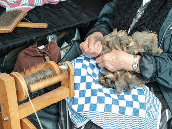 High angle view of woman with dog