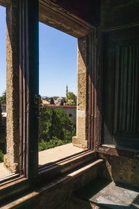 Buildings seen through window