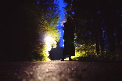 Silhouette man on illuminated tree at night