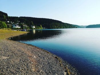 Scenic view of lake against clear sky