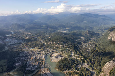 Aerial view of landscape and mountains against sky