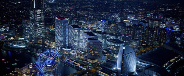 High angle view of illuminated buildings in city at night, tokyo-japan