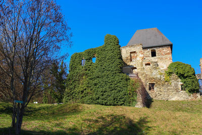 Low angle view of old building against clear blue sky
