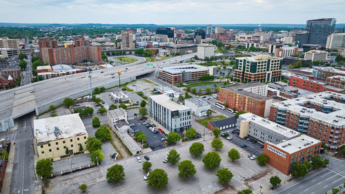 High angle view of buildings in city