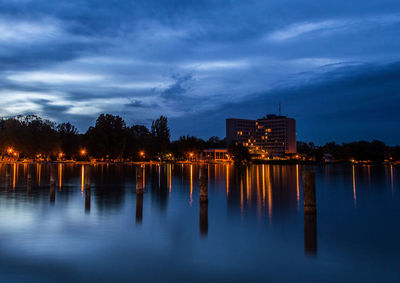 Reflection of trees in lake at sunset