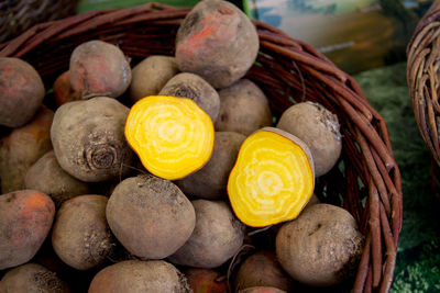 High angle view of beetroot in basket