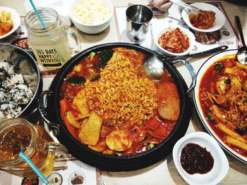 High angle view of meal served on table