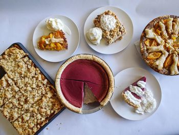 High angle view of breakfast served on table