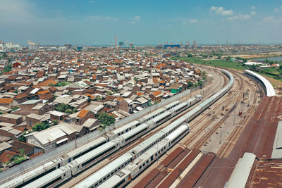 High angle view of cityscape against sky