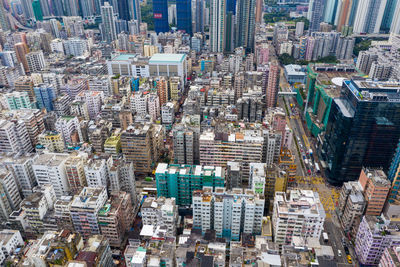 High angle view of modern buildings in city