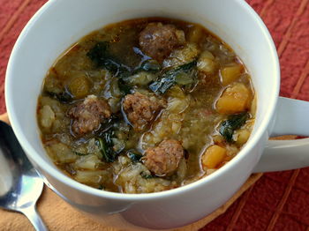 High angle view of soup in bowl on table