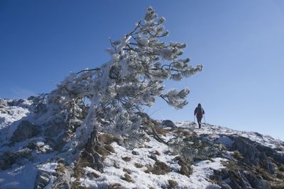 Man on snowcapped mountain against clear sky