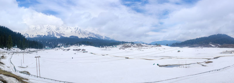 Scenic view of snow covered mountains against sky