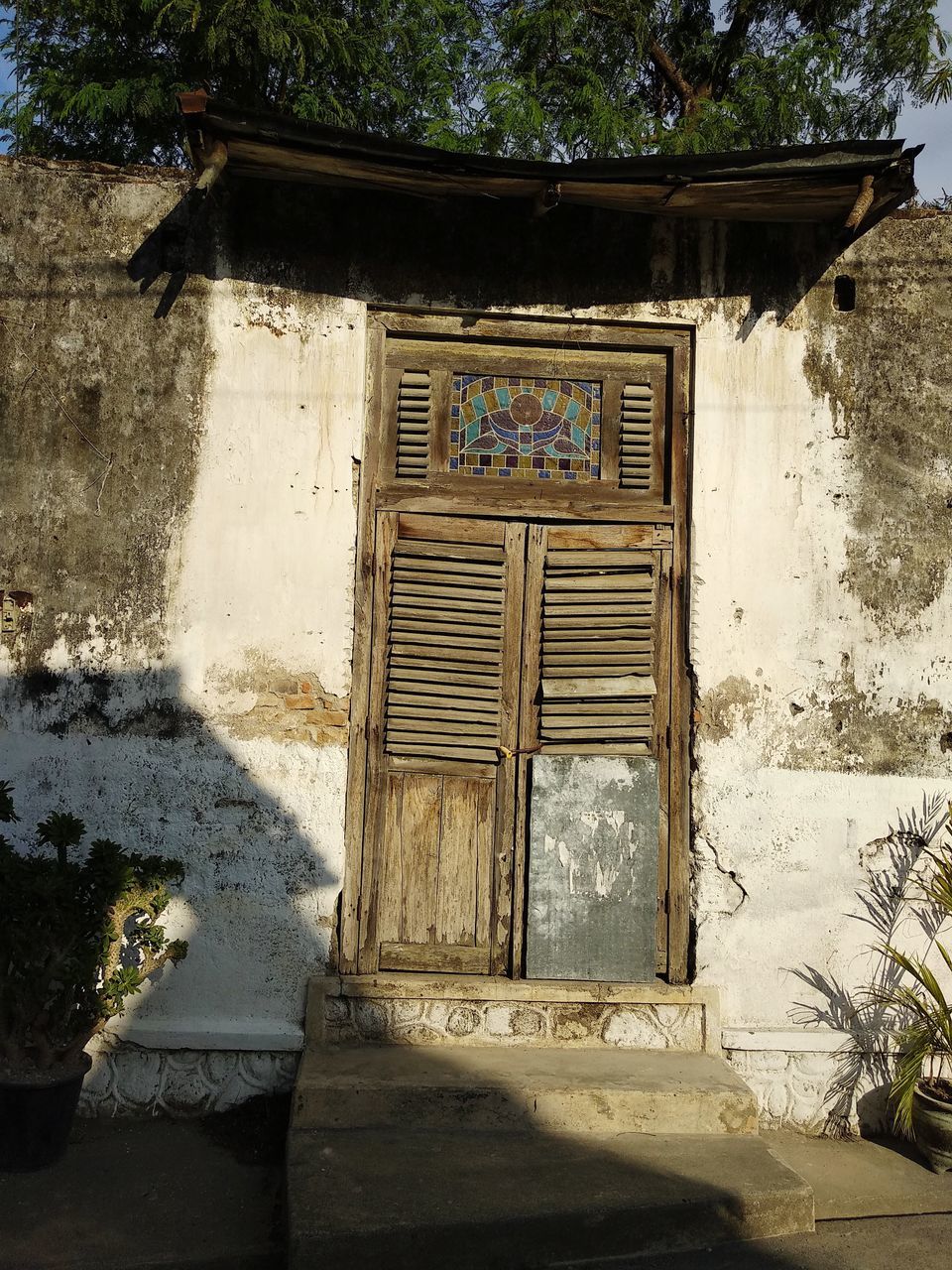 architecture, built structure, building exterior, house, entrance, building, door, plant, day, ancient history, no people, urban area, nature, sunlight, tree, shadow, closed, outdoors, temple, home, history, wall, old, residential district, the past, wall - building feature, place of worship