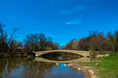 Bridge over canal against clear blue sky