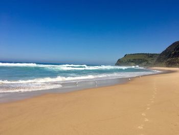 Scenic view of beach against clear blue sky