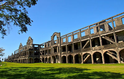 Low angle view of building against clear blue sky