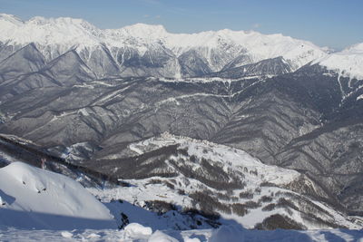 Scenic view of snowcapped mountains against sky