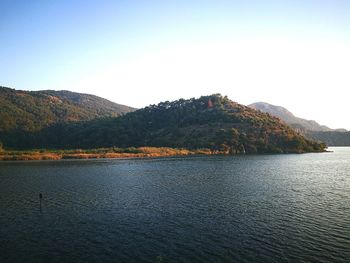 Scenic view of lake by mountains against clear sky