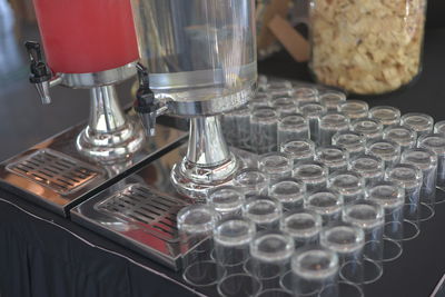 High angle view of glasses on table