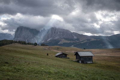 Scenic view of field and mountains against sky