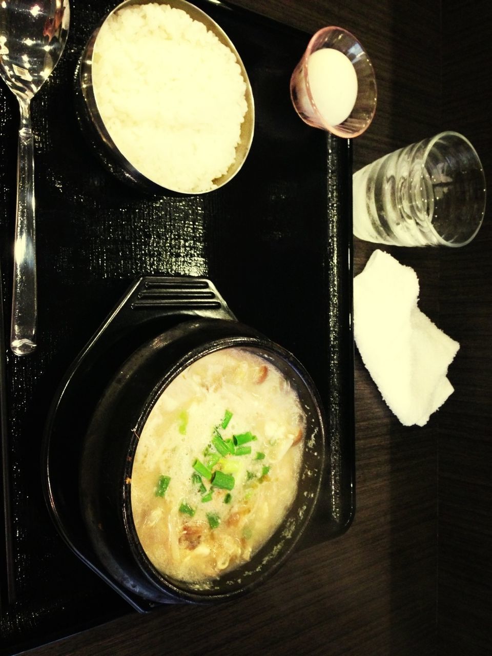 food and drink, indoors, food, freshness, table, still life, plate, ready-to-eat, healthy eating, bowl, meal, serving size, drink, high angle view, directly above, fork, spoon, drinking glass, soup, refreshment