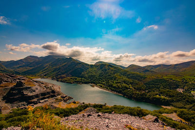 Scenic view of lake and mountains against sky