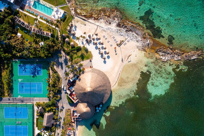 Aerial view of the beautiful resort by the sea coral reef.