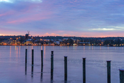 City at waterfront during sunset