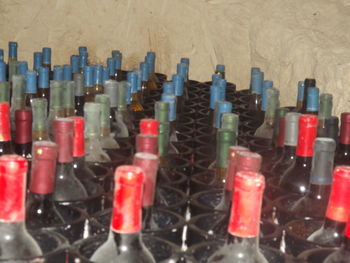 Close-up of wine bottles