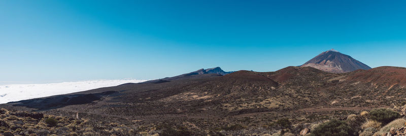 Scenic view of snowcapped mountains against clear blue sky