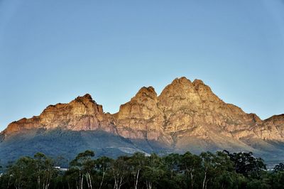 Rock formations against clear blue sky