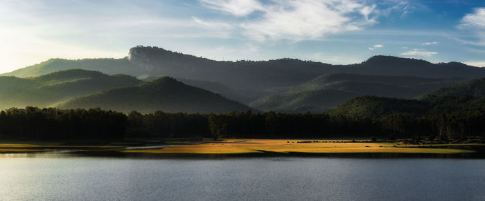 Scenic view of lake by mountains against sky